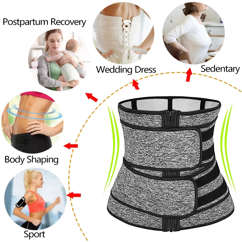 Neoprene Silver Coating Sweat Sauna Waist Trainer Belt Adjustable Workout Body Shaper with Double Strap Zipper Trimmer Women Men