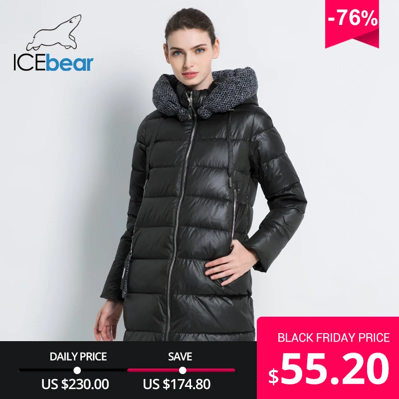 

ICEbear 2019 New Women Winter Jacket Coat Slim Winter Quilted Coat Long Style Hood Slim Parkas Thicken Outerwear GWD19600I