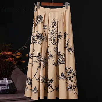 

Ziwwshaoyu Runway Designer Fashion Brand Skirt Women's Plant Printing Rhinestone Cotton linen Skirt Women