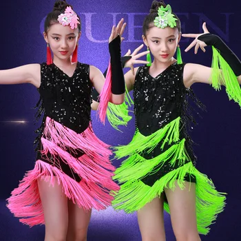 

Girls Latin Dance Sequin Fringe Professional Salsa Cha Cha Ballroom Competition Dress Costume for Kids Dancing Clothes Clothing