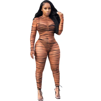 

Sexy Mesh See Through Striped Print Skinny Bodysuit 2019 Autumn Women Long Sleeve Jumpsuit Slim Female Streetwear Body Top