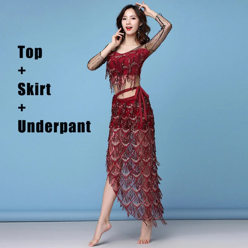 Top Skirt Underpant Топы для танца живота+ юбка Женский костюм Болливуд для танца живота одежда сексуальная марлевая танцевальная Женская экзотическая танцевальная одежда BL2316 - Цвет: Top Skirt Underpant