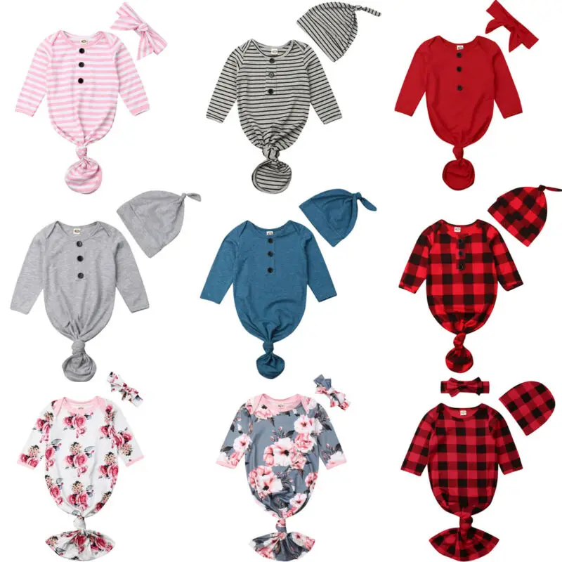 

Newborn Baby Sleeper Nightgown Long Sleeve Knotted Cotton Sleepping Bag Pajama Set Coming Home Outfit for Boys Girls