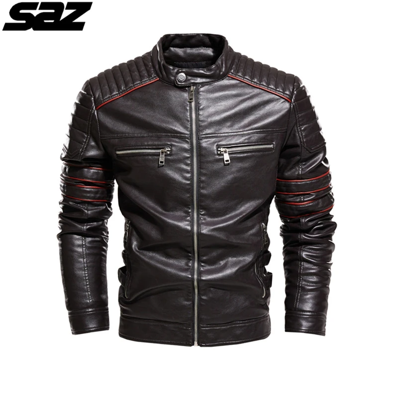 

Saz Men New Motorcycle Casusal Vintage Leather Jacket Coat Men Outfit Fashion Biker Pocket Design PU Leather Jacket Men