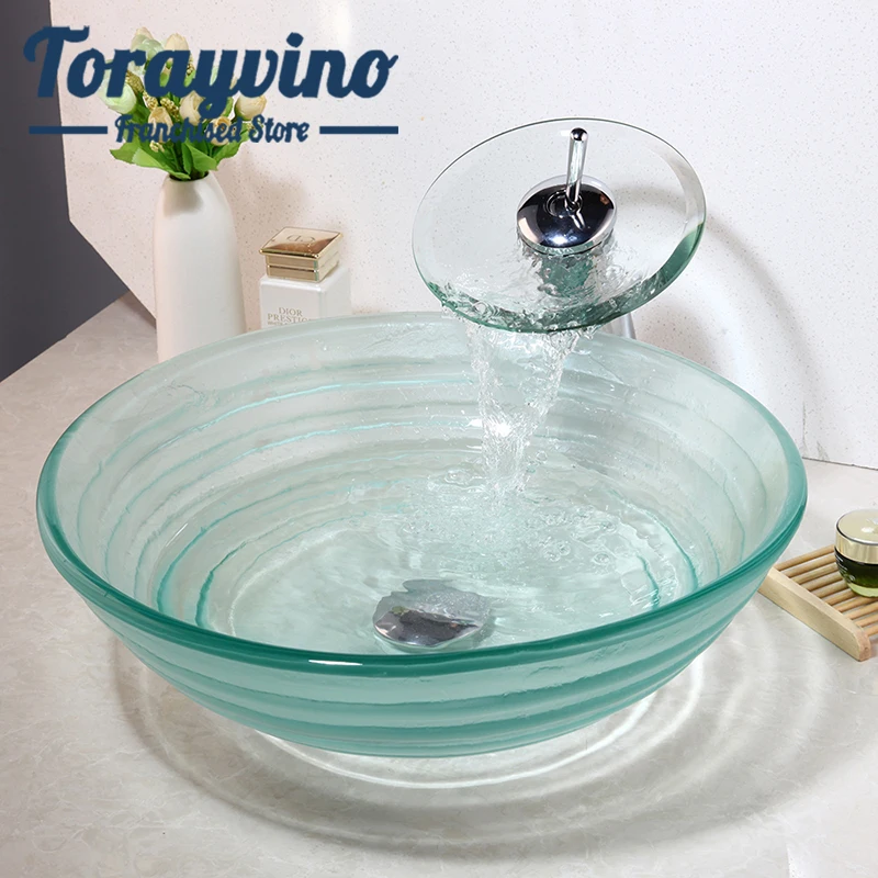 

Bathroom sink lavabo & Waterfall faucet Chrome Polished Faucet & Water Drain Round Shape Transparent Tempered Glass Vessel Sink