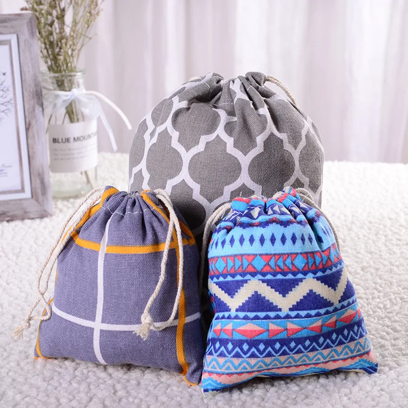 Printed Cotton and Linen Drawstring Storage Bag Linen Sundry Underwear Travel Gift Storage Bag