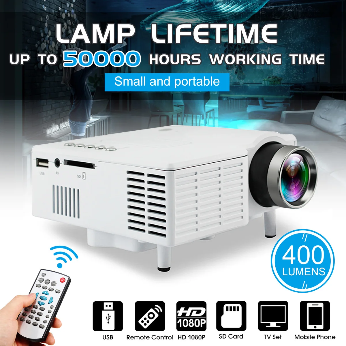 

UC28+ Universal HD 400Lumens Multimedia LED Homehold portable projector mini Projector Support 60 Inch Large Screen Projection