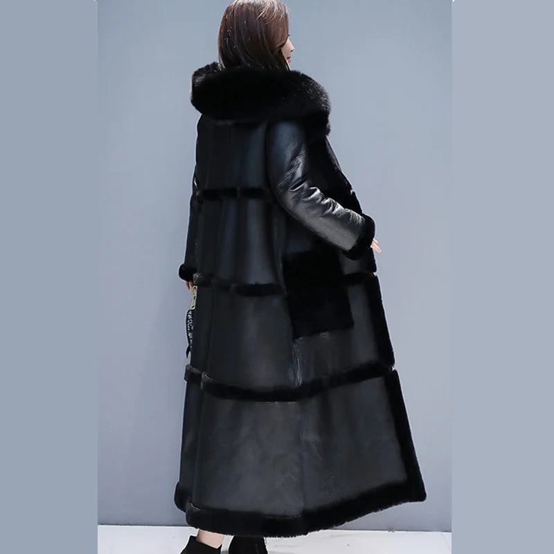 Black UHYTGF, 3XL, длинное пальто, женское, качественное, овечья шерсть, Осень-зима, шерстяное пальто, модное, с меховым воротником, с капюшоном, повседневная, теплая куртка для женщин 553 - Цвет: Black