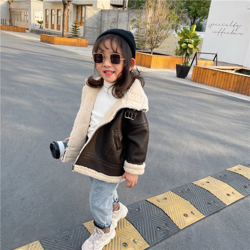 Г., корейский стиль, флисовое пальто из искусственной кожи для мальчиков и девочек зимняя модная куртка для маленьких девочек детская одежда От 2 до 7 лет