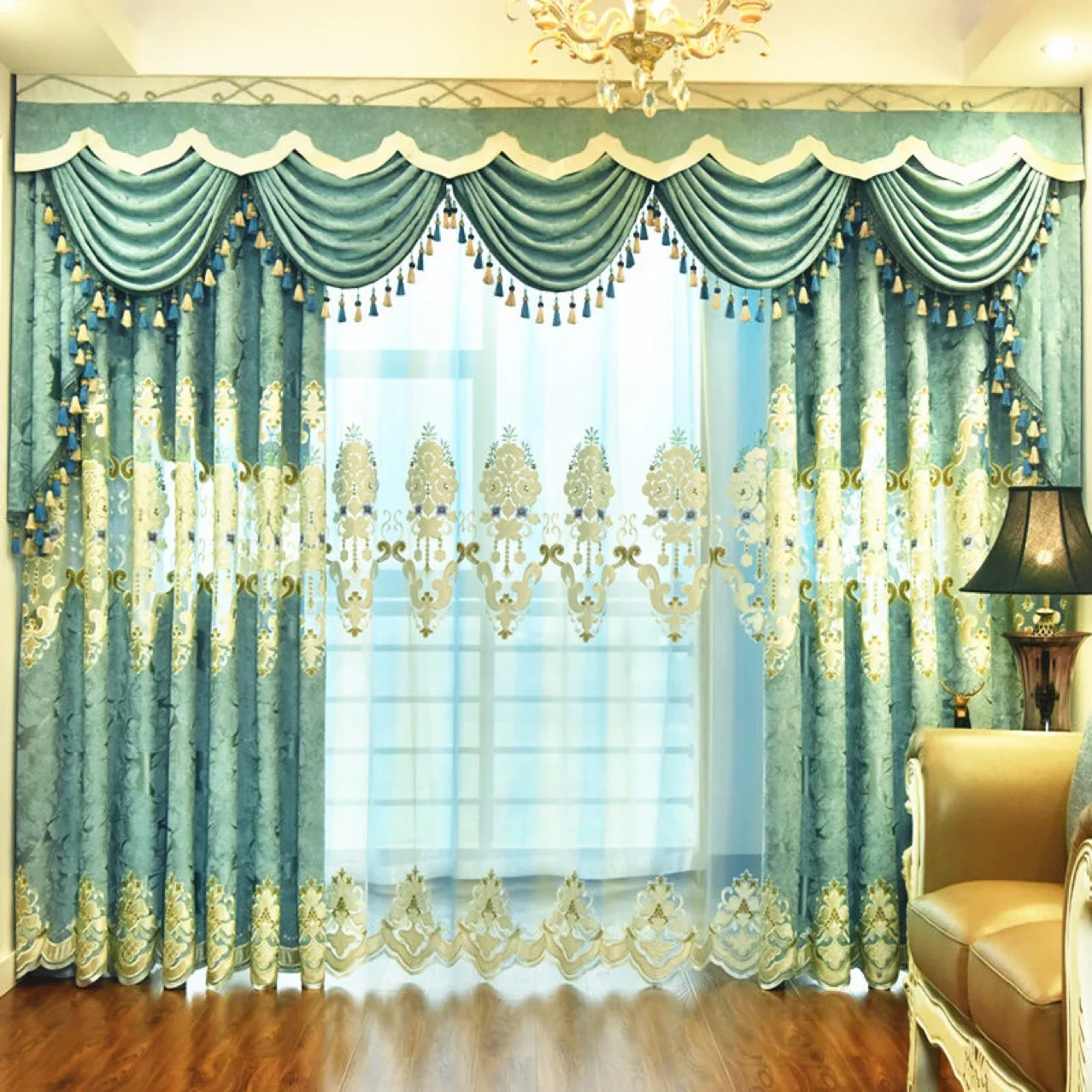 

European Chenille Velvet Embroidery High-grade Hollow Semi-shading Curtains for Living Dining Room Bedroom.