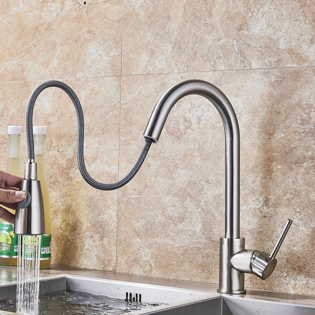  Tap Pull Out Brushed Nickel Stream Rotation Swivel Sink Single Hole Durable Mixer Kitchen Faucet Sp - 4000040019055