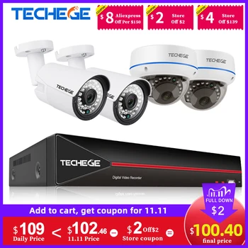 

Techege 4CH 1080P H.265 POE NVR Audio Video System 2MP Indoor Outdoor IP Camera Waterproof Email Alert Video Surveillance System