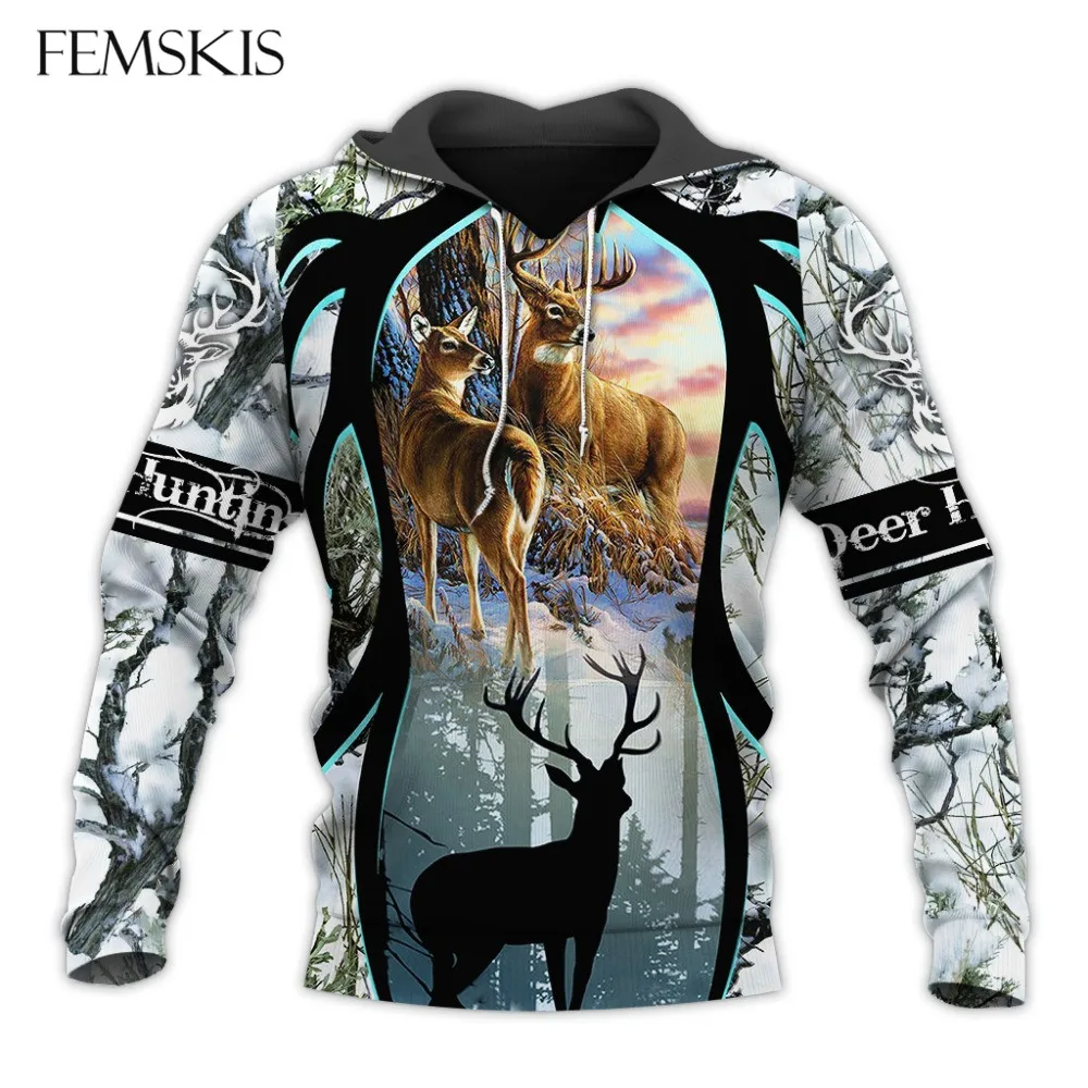 

FEMSKIS Cool Deer Hunting Camo Hoodies Men's Women's 3D Printed Animal Pullover Sweatshirt Unisex Streetwear Hoody Pockets