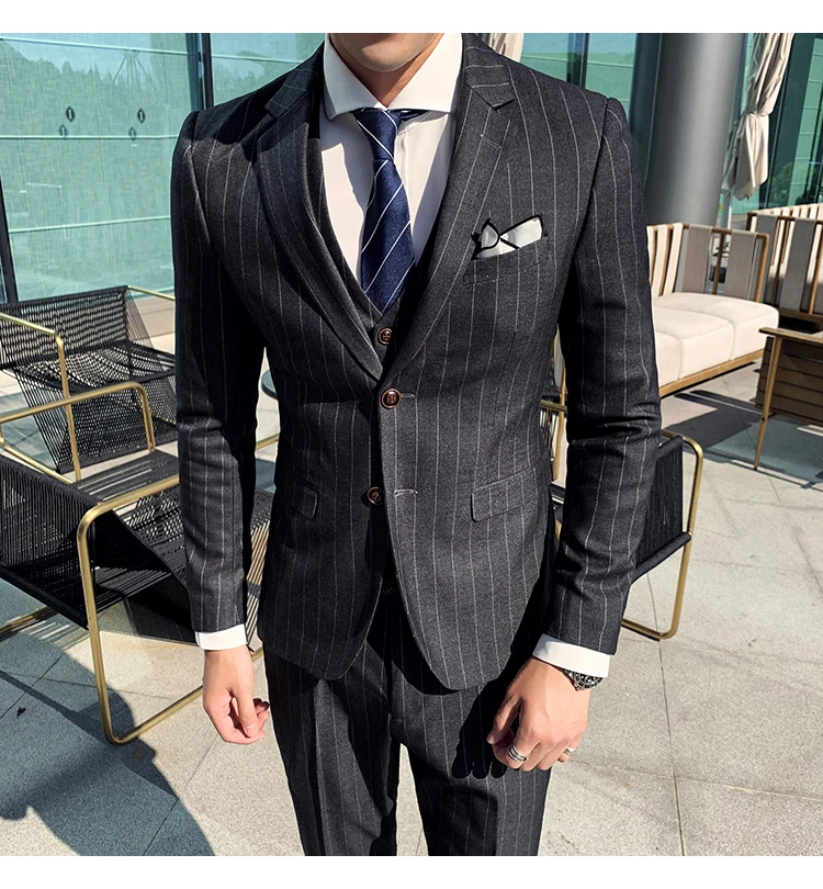 Мужской модный деловой Повседневный британский джентльмен(Блейзер+ жилет+ брюки) трендовый Высококачественный тонкий костюм в полоску костюм из трех предметов