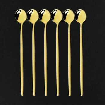 

6Pcs/Set Gold Mirror Long Handle 304 Stainless Steel Coffee Spoon Ice Cream Dessert Tea Spoon For Picnic Kitchen Accessories