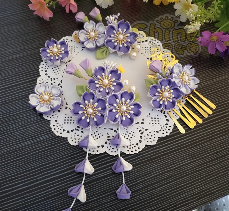 

Шпилька для волос в японском стиле кимоно с фиолетовыми цветами вишни головной убор Lokita с кисточкой боковой зажим аксессуары для волос H