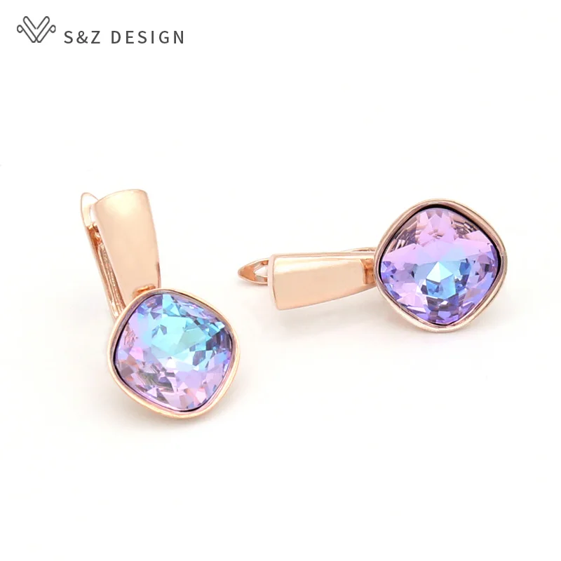 S&Z DESIGN New Fashion Square Crystal Dangle Earrings For Women Luxury Party Wedding Jewelry 585 Rose Gold Color Eardrop