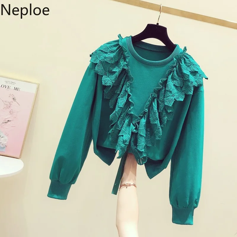Neploe, с круглым вырезом, с длинным рукавом, короткие толстовки, элегантные, с оборками, с кружевом, зеленый свитер, осень весна, Новые пуловеры, Свободный Повседневный Топ