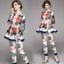 Весна Подиум 2 шт женские наборы Ретро Винтаж цепь Флора печати топ Высокая талия рубашка плиссированная Блузка+ юбка костюмы