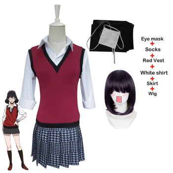 

Kakegurui Midari Ikishima Cosplay Wigs Costume School Girls Uniforms For Halloween Party Vest Dress With Eye Mask Socks full set