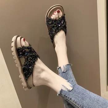 

Summer Platform Slipper Women's Outer Wear Fashion Sequin Platform Platform Shoes 2020 New Style Summer A- line Slippers