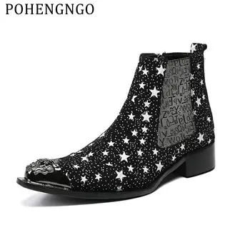 

New Style Men's Print Ankle Boots Luxury Genuine Leather Metal Pointed Super Star Party Dress Shoes Chelsea Men's Work Boots