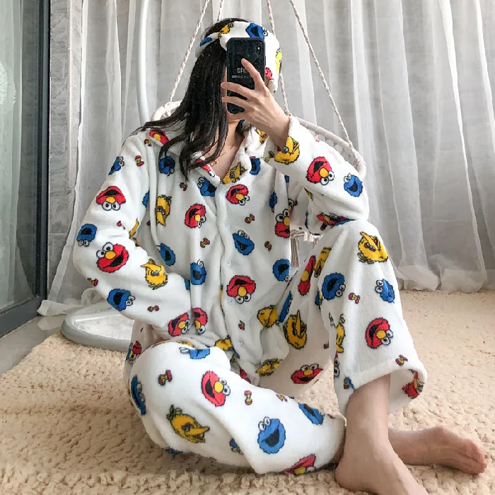 

Coral Velvet Pajamas Female Spring Autumn & Winter Flannel Long Sleeve Sweet Korean-style Crayon Two-Piece Set Home Wear