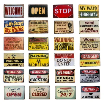 

Welcome/Open/Warning Tin Signs Metal Plaque Bar Vintage Garage Wall Art Decor For Bar Pub Club Iron Poster Home Decor 20*30 cm