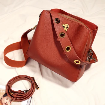 

Fashion Ladies Wide Shoulder Strap Bucket Bag High Quality Leather Women Shoulder Bag Simple Female Crossbody Bag Purse Handbags