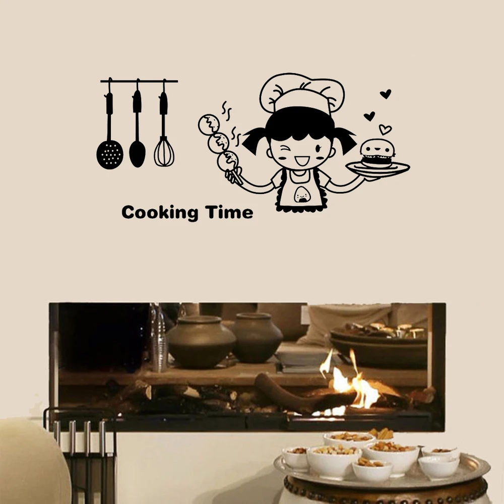 

Happy Chef in Cooking Time Cute Girl Vinyl Wall Sticker for Kitchen Decoration Cute Decal Art Poster House Decor