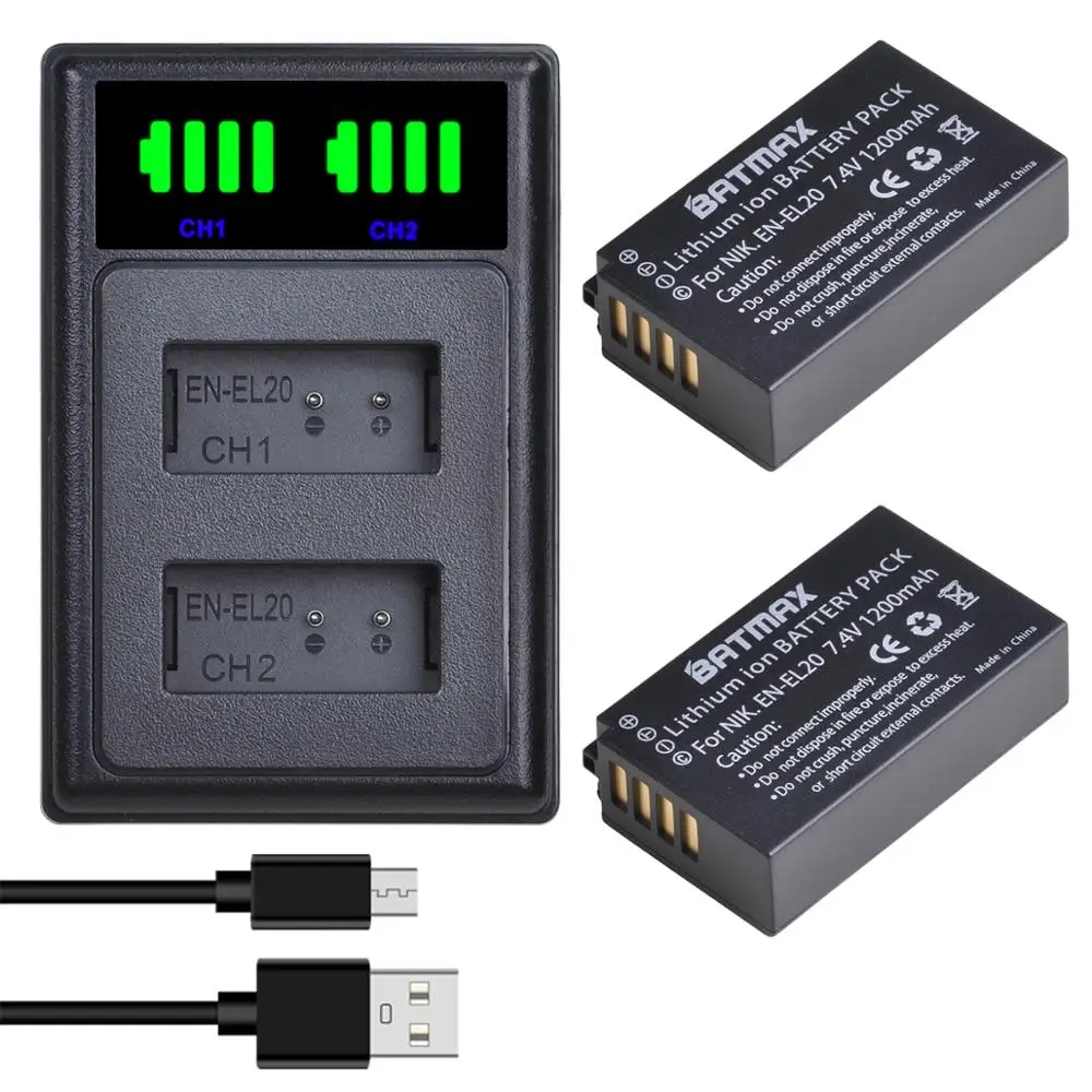 Batmax Enel20 El20 Battery+led Dual Charger With Type C Port For Nikon