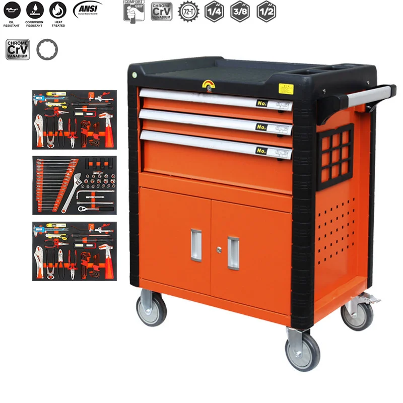 

Professional 106pcs 3Drawers Of Tool Cabinet Trolley With Adjustable Wrench Different Accessories Automotive Tools Trays