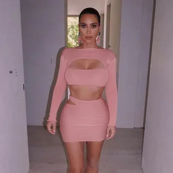 

Fashion Sexy Cutout T-shirt High Waist Hip Half-Length Party Skirt Casual Suit 2 piece set women