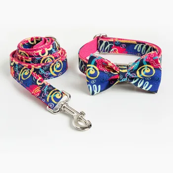 

Dog Collar and Leash Set with Bow Tie Pretty Tropical Leaves Metal Buckle Big and Small Dog&Cat Collar Pet Accessories
