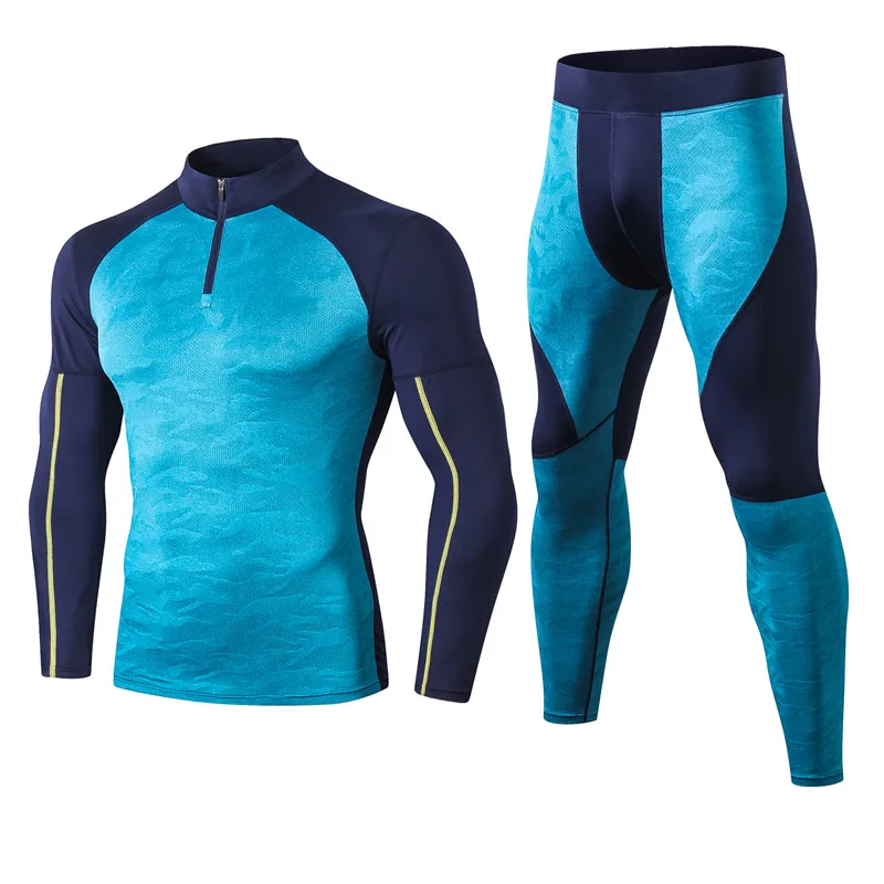 Новые мужские уличные тренировочные комплекты для фитнеса, зимние спортивные костюмы для бега, длинные штаны для бега, эластичные Компрессионные спортивные комплекты, европейские размеры - Цвет: peacock blue set