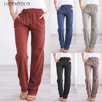 

Lugentolo Solid Cotton Linen Pants Women Drawstring Loose Casual Straight Trousers Spring Summer New Loose Pants