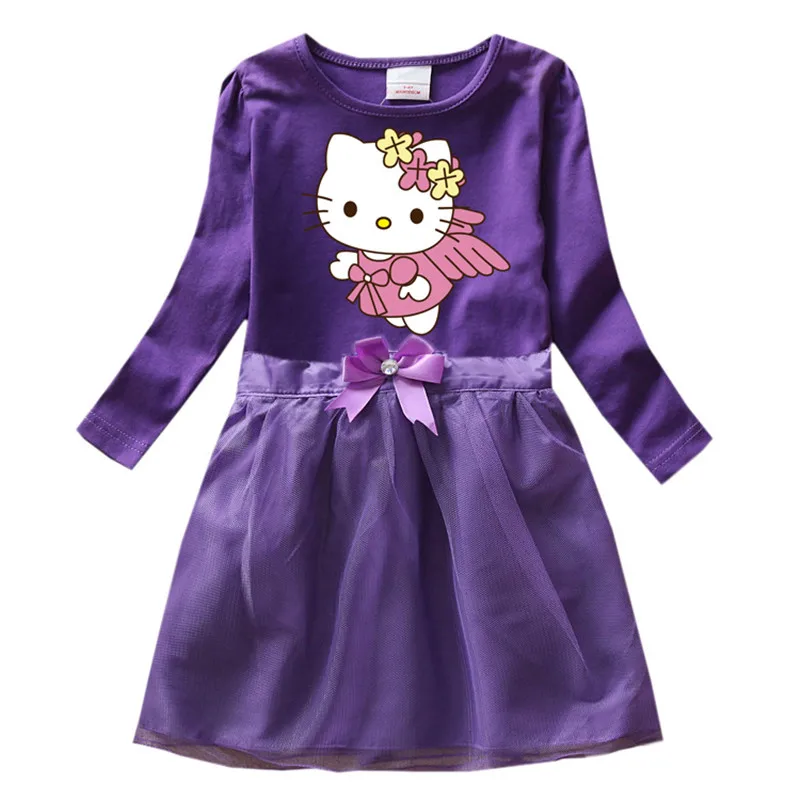 Осеннее платье для девочек с принтом «hello kitty»; платья с длинными рукавами для девочек; платье принцессы с бантом для подростков; Детские платья для девочек для повседневной вечеринки и дня рождения - Цвет: Purple