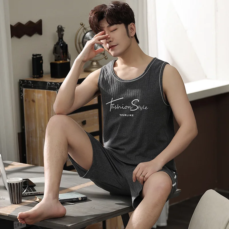 Men's Pajamas Set Summer Thin Cotton Male Pajamas Sets Vest Sleepwear Sleeveless Tops + Shorts 2pcs/set L-XXXXL