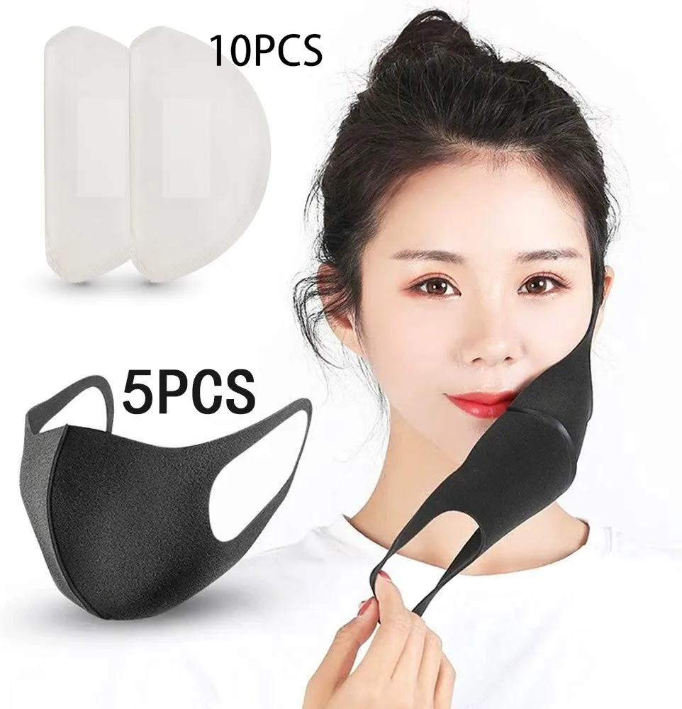 

5 Pack Face Masks 10 Replacement Reusable Mask Filter PM2.5 Air Filtration Mask Washable PM2.5 mask 5pc mask + 10pc mask sheet