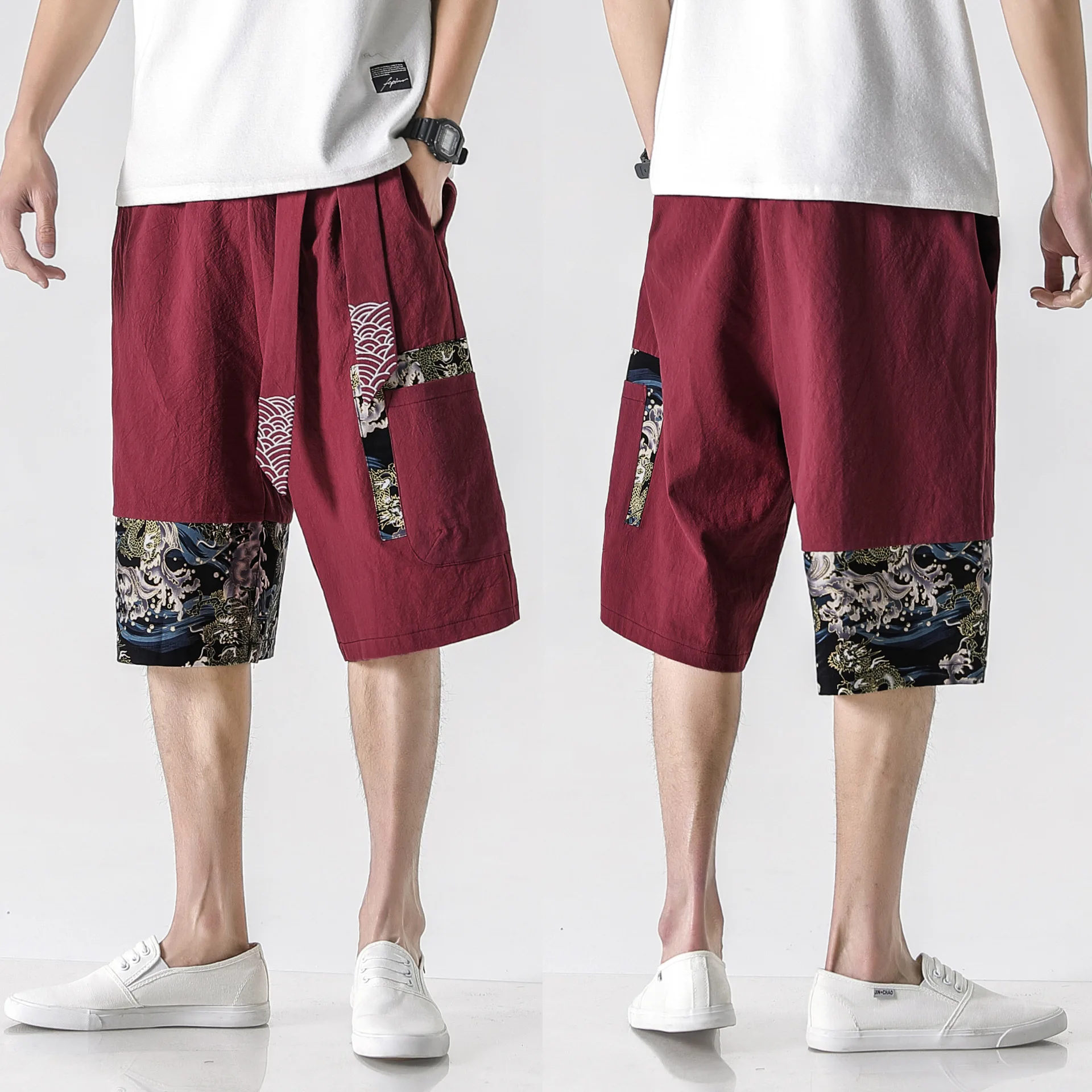 Harajuku Japanese Style Male Shorts Summer Kanagawa Wave Printed Casual