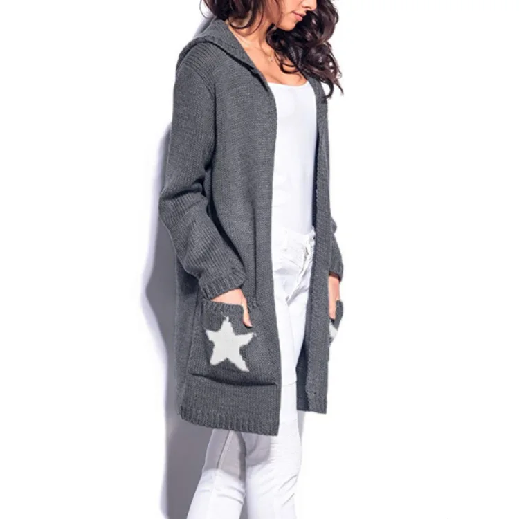 Knitting Unlined Upper Garment Long Fund Will Pocket Five-pointed Star Even Hat Sweater Cardigan