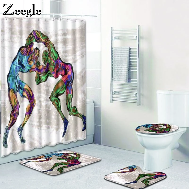 Zeegle Bathroom Mat Set with Shower Curtain Set Waterproof Shower Curtain Anti Slip Bathroom Doormat Washable 4pcs Toilet Set