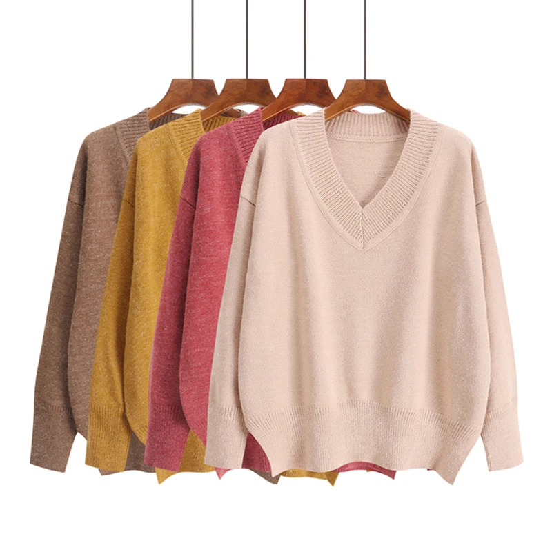 

Solid Color V Neck Sweater Harajuku Simple Fashion Fresh Sweet Winter Tops Autumn New Korean Style Chic Loose Knit Sweater Women