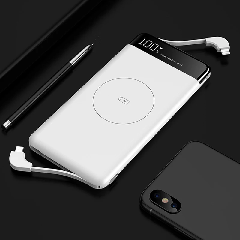 10000 мАч двойной USB мини банк питания Встроенный кабель с беспроводной зарядкой Расширенный аккумулятор для iphone 11 Xiaomi huawei повербанк - Цвет: white