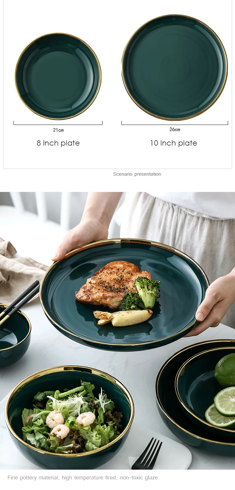 KINGLANG Klin зеленая керамическая золотая инкрустация тарелка для стейка пищевая тарелка Скандинавская посуда миска блюдо высокого класса фарфоровая посуда набор