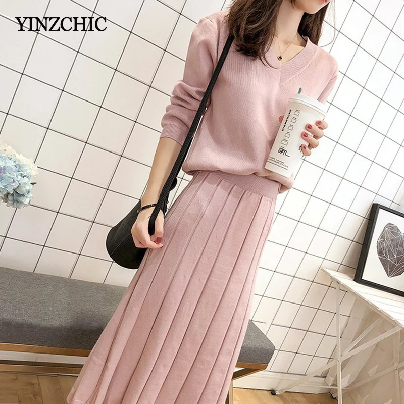 

2019 Winter Woman Knitted Suits V-Neck Loose Sweater + A-Line Skirt Set for Woman Casual Basic Two-pieces Suits Warm