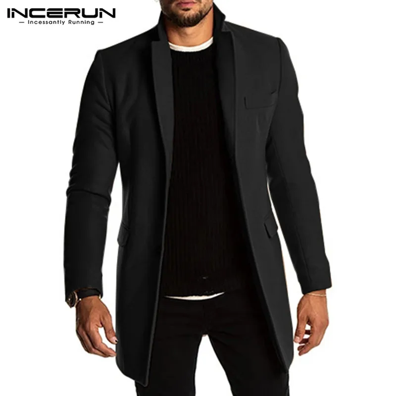 INCERUN/Зимние Модные мужские тренчи брендовые флисовые куртки пальто на пуговицах верхняя одежда с длинными рукавами однотонные пальто уличная одежда