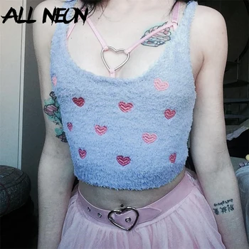 

ALLNeon Sweet Pink Heart Graphic Crop Tops E-girl Embroidery Backless Sexy Starped Tank Tops Fashion Kawaii Women's Summer Tops