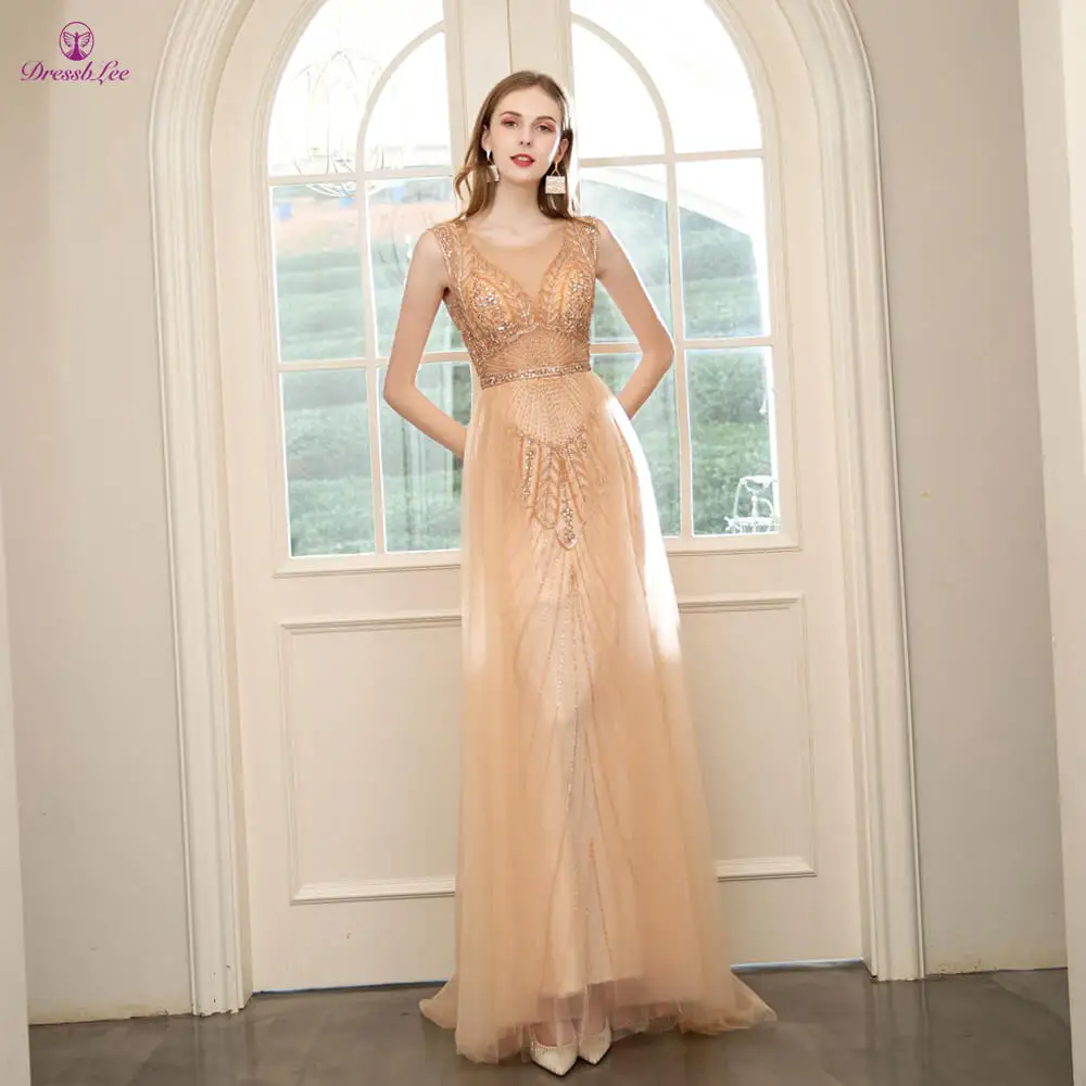 DressbLee Золотое длинное платье для выпускного вечера полный кристалл бисером сексуальные прозрачные платья для выпускного Дубай Стиль формальное платье Vestido-de-festa