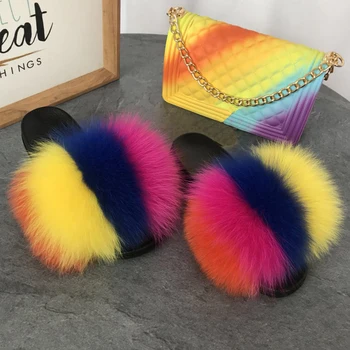 

Women Summer Real Fox Fur Slides Cute Fluffy Slippers Colorful Chain Jelly Bag Girls Party Shoes Fashion Shoulder Bag Fur Slides
